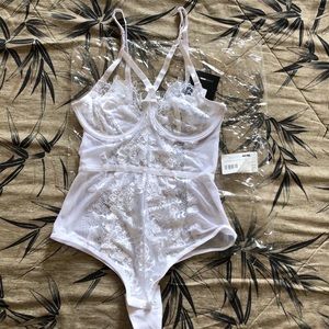 Fashion Nova Lace Teddy Bodysuit WHITE